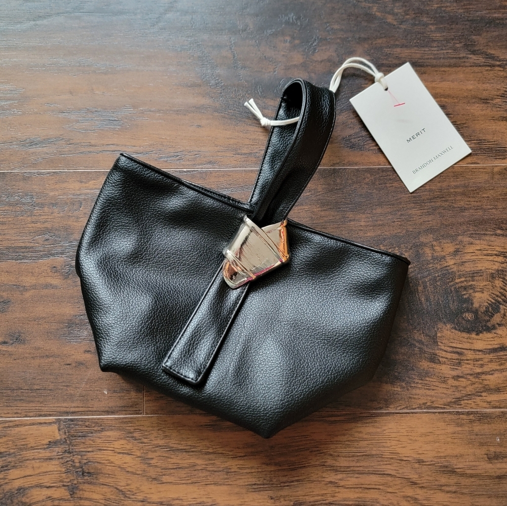 NEW Merit by Brandon Maxwell black faux leather clutch mini bag shoulder clutch